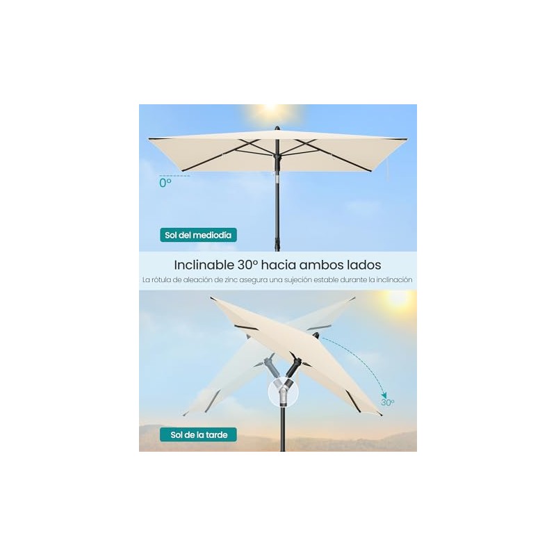 SONGMICS Sombrilla de Patio, Parasol de Exterior, Techo Inclinable, para