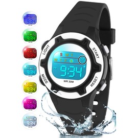 DTKID Digital Kids Watches 3 ATM Waterproof 7 Color Lights Time Teaching Wrist Watch Easy to Read for Girls Boys 5-16, Black