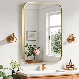 CLBA Gold Bathroom Mirror, 24x32 Inch Brushed Gold Mirror, Aluminum Alloy Framed Vanity Mirror, Rounded Rectangle Bathroom Mirror for Over Sink, Anti-Rust Wall Mirror (Horizontally or Vertically)