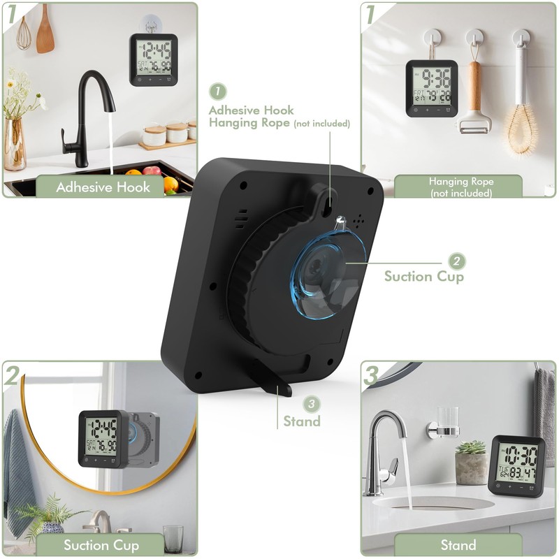 Yariaii Waterproof Shower Clock, Digital Bathroom Kitchen Wall Clock Timer