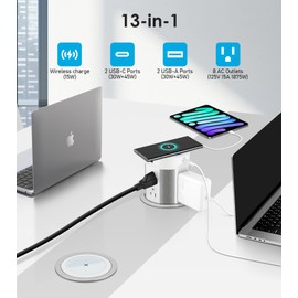 Pop Up Outlet for Countertop, 15W Wireless Charger PD 45W, 2 USB-A & 2 USB-C & 8AC Outlets 15A Tamper Resistant, 4-inch Island Kitchen Pop Out
