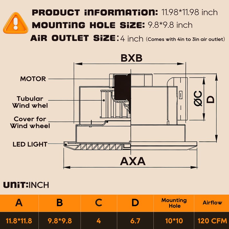Gopper 12" Ultra Quiet Bathroom Exhaust Fan with 6500K LED