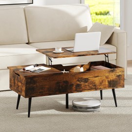 Giantex Lift Top Coffee Table, Wood Center Table with Storage, Lift Tabletop, 2 Hidden Compartments & Tapered Metal Legs, Coffee Tables for Living Room (Rustic Brown)