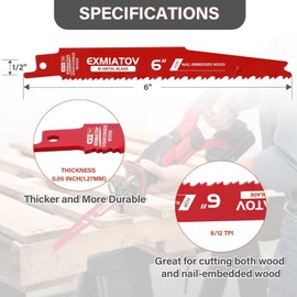 25 Pack 6 Inch 6/12 TPI Reciprocating Saw Blades for Nail-Embedded Wood Cutting, Bi-Metal Reciprocating Saw Blade for Cutting Wood with Stud and Nail, Bi-Metal Blades for Reciprocating Sawzall