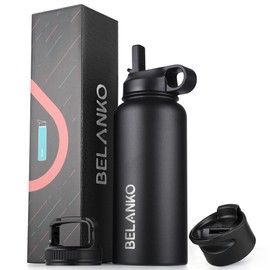BELANKO Insulated Stainless Steel Water Bottle with Straw, 32 Oz - 3 Lids, Leak Proof Double-Wall Vacuum Sports & Travel Bottle, Ideal for Gym, Outdoor Activities - Jet Black
