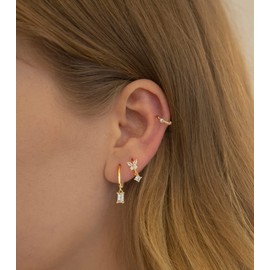 Baguette Dangle Hoop Earrings for Women, Sterling Silver Small Huggie CZ Earrings with Drop Charm for Everyday