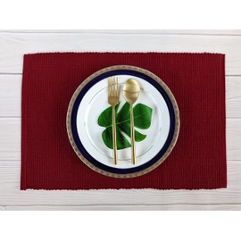 100% Cotton Ribbed Placemats - Set of 6 - 13 x 19.5 Inches - Maroon /Burgundy / Dark Red - Everyday /Fall Cloth Table Mats - Thick Construction, Washable & Reusable Cloth Place Mats - by AVKA Studio