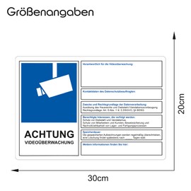Achtung Videoüberwachung DSGVO BDSG Data Protection Info Blue Video Surveillance Sticker Notice Sign Theft R069 (To Fill Yourself, 30 x 20 cm)
