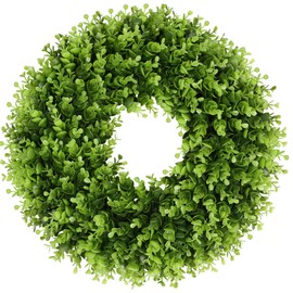 Vlorart 18'' Small Boxwood Wreaths for Front Door, Artificial Wreath with Green Bow for Front Door Wall Window Decor, Summer Fall Greenery for Thanksgiving Christmas Decorations Indoor Outdoor