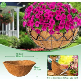 HFHOME 4Pcs Coco Coir Hanging Basket Liners, 16"/40.5cm Round Planter Liners, Thick Natural Coconut Fiber Replacement Liners for Hanging Basket Flowers Vegetables