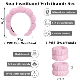MKUCCD 3Pcs Pink Sponge Spa Headbands & Wristband Set,Puffy Makeup Headband Set for Washing Face,Soft Towel Skin Care Head Band,Cute Hair Band Shower Padded Headwear Non Slip Thick Hair Accessory
