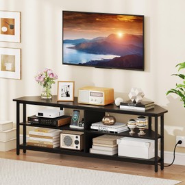 Giantex Corner TV Stand for 65 Inch TV, Modern Entertainment Center w/Power Outlet, Storage Shelves&Metal Frame, Media TV Console Table for Living Room, Bedroom, Small Spaces, Black