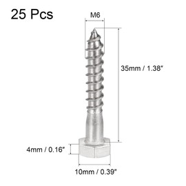 sourcing map Hex Lag Screws, M6 x 35mm 304 Stainless Steel Half Thread Self-Tapping Bolts for Wood Screw 25Pcs