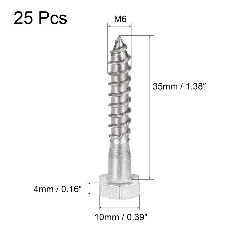 sourcing map Hex Lag Screws, M6 x 35mm 304 Stainless