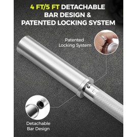 DASKING 4ft/4.9ft Barbell, 2-Inch Olympic Detachable Bar, Portable Strength Training Bar for Weightlifting, Squat, Bench Press, Home Gym, 450LBS, Includes Silent Collars