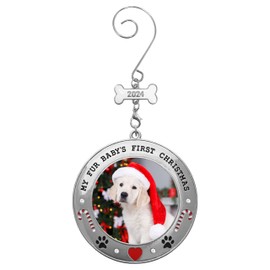 Puppy's First Christmas - 2024 Picture Ornament for Your Fur Baby - Paw Prints Hearts Dog Bone and Candy Cane Design - New Puppy 1st Annual Xmas Holiday Keepsake - Gift/Storage Bag Included