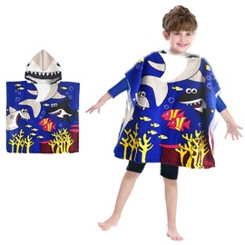 JIEHUA Bata de Baño Niño, Bata de Baño Niña,Toalla de Playa con Capucha, Toalla para Bebe Súper Suave y Ligero, 100% Microfibra, UPF50+ Protección Solar, Rápida Absorción de Agua(Tiburon Verde)