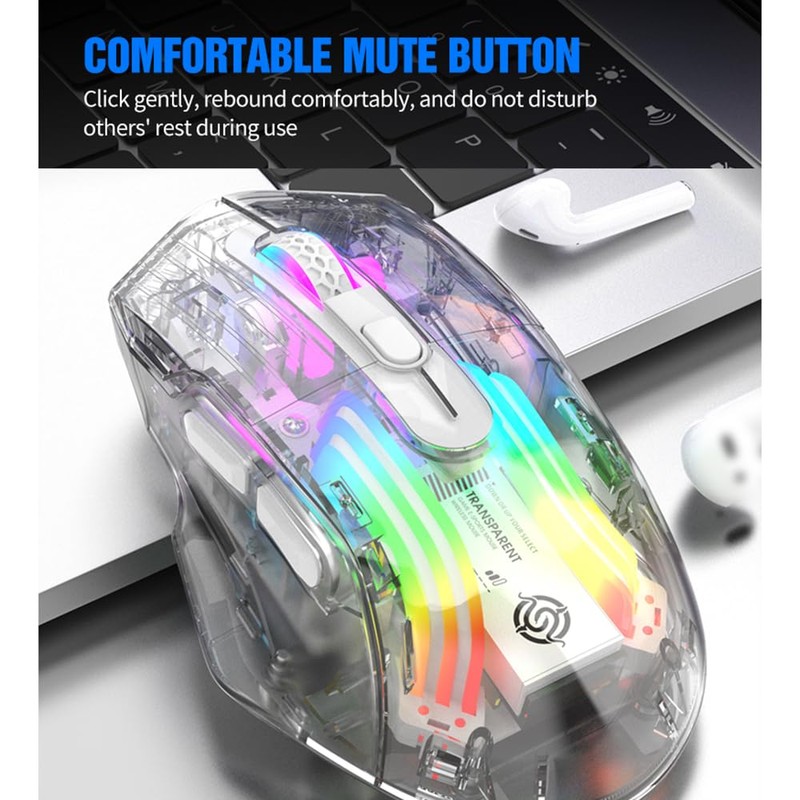 Docooler Wireless Gaming Mouse, Transparent Crystal Shell, 3 Modes (USB