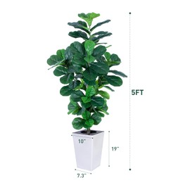AQUGQ Fiddle Leaf Fig Tree, 5ft Tall Fake Silk Tree in White Planter, Faux Ficus Lyrata Floor Plants with 108 Fiddle Leaves, Artificial Plants for Home Office Decor Indoor