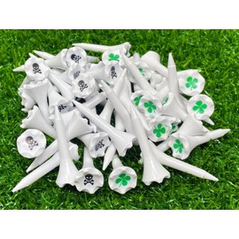 NorthPointe 1 ½” Plastic Golf Tees – Short Tees for Irons, Par Threes, Hybrids, and Driving Range - Pack of 50 or 100 Bulk in High Visibility White Durable Plastic (50, Combo Shamrock & Skull, 1 1/2)