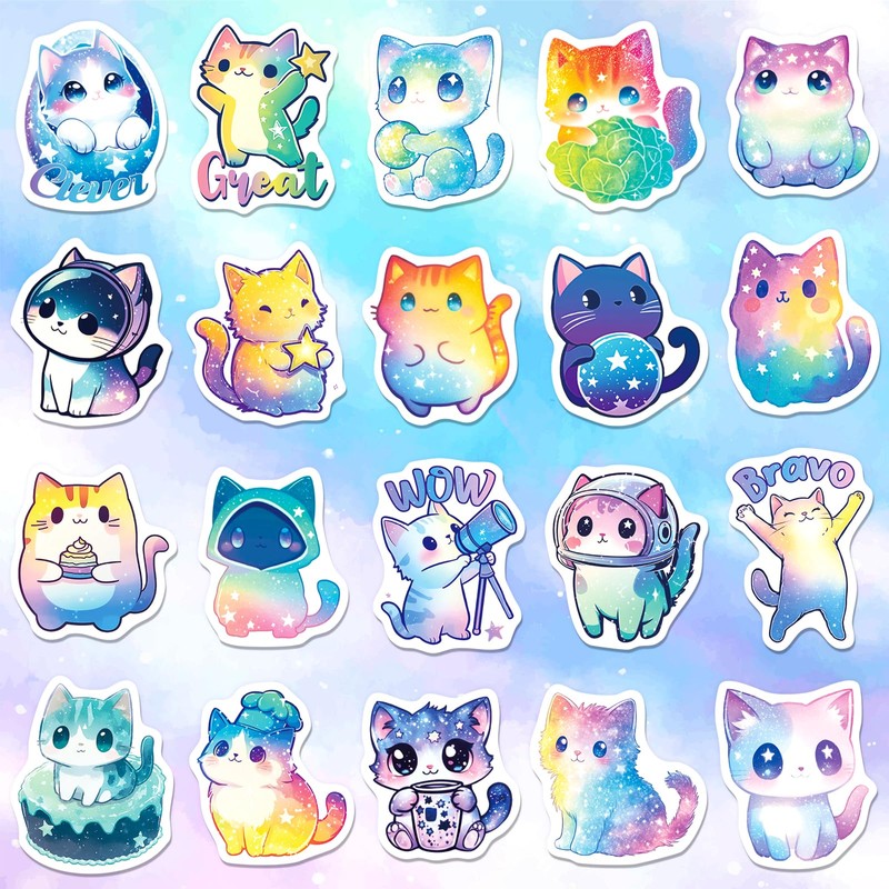 SigyoJeom 200PCS Starry Sky Cat Stickers, Holographic Stickers for Kids