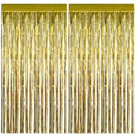 Luoqun88 2 PCS 3.2 x 6.5ft Glitter Gold Tinsel Curtain, Foil Fringe Curtain Backdrop Party Streamers Curtain Photo Backdrop Decorations for Birthday School Graduation Hen Girls Party Decorations -Gold