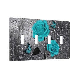 Elegant Teal Blue Gray Roses Flower Floral 4 Gang Quad Decorator Light Switch Cover, Romantic Raindrop Rose Butterfly Four Gang Toggle Wall Plate Outlet Cover Standard Size Girl Women Bathroom Decor