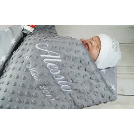 BotoBaby ★ Double Layer Baby Blanket with Name and Date Embroidered ★ Minky ★ Cotton ★ Filling ★ (Grey - Stars 3, 75 x 100 cm)