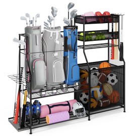 BOEASTER BOEASTER Garage Sports Equipment Organizer,3 Golf Bags Storage Stand,Heavy-Duty Ball Storage Rack with Basket and Hooks,Space-Saving Design for Toy Sports Gear Storage Indoor/Outdoor Use