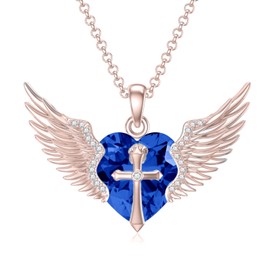Flpruy Angel Wings Necklace with Cross Sterling Silver Guardian Angel Wings Pendant Sapphire September Birthstone Necklace Christmas Birthday Angel Jewelry Gifts for Women Rose Gold