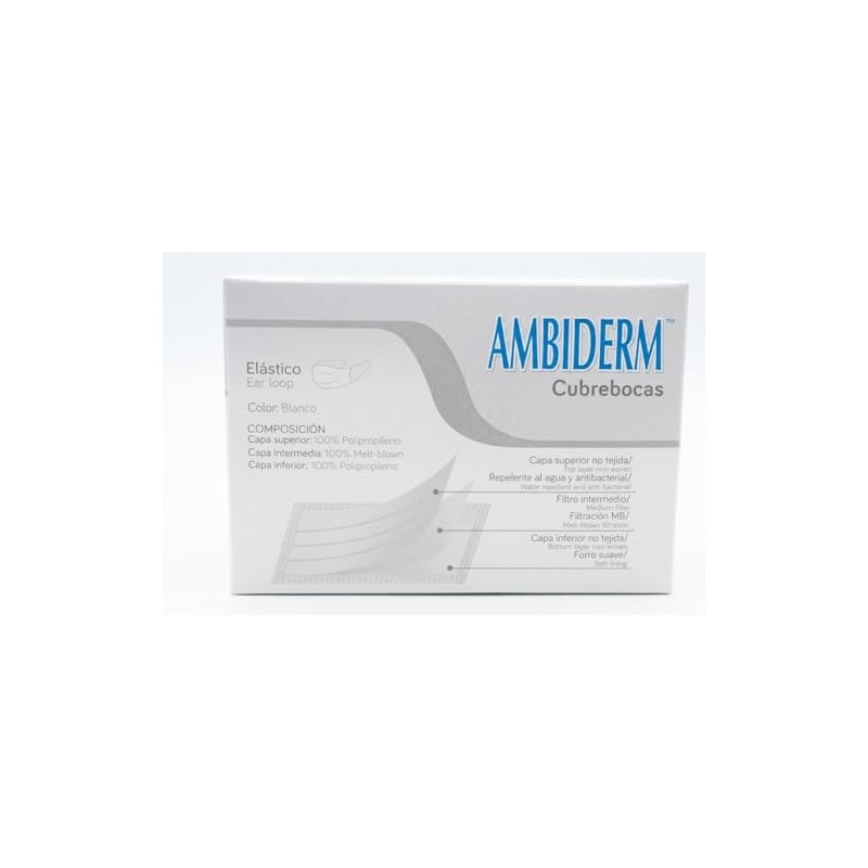 Ambiderm Cubrebocas 3 Capas Plisados Ajuste Nasal Colores (Blanco)