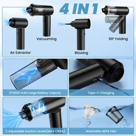 Tkkich Car Vacuum Portable Cordless,90°Foldable 4in1 Vac V2 Handheld Vacuums Cleaner Brushless Motor High Power 17000PA Compressed Air Dusters Cordless Vacuum Cleaners for Car Home Office Pet