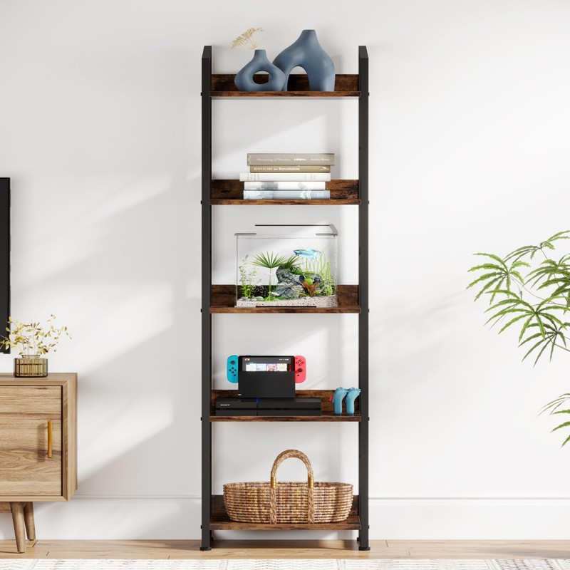 Hosfais 5 Tier Tall Bookshelf: Industrial Wood Book Shelf with