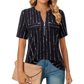 Amrto Women's V-Neck Shirts Casual Blouse with Zip Tunic Tops, black striped b