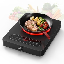 VBGK Single Burner Electric Cooktop, 110V 1800W Electric Cooktop with LED Touch Controls and Knob Controls, 10 Power Levels, 4-Hour Timer, Safety Lock, Single Burner Overheat Protection