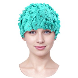 Medifier Vintage Floral Print Swimming Cap for Women Girls Elastic Retro Flower Beach Turban Rhinestone Accents Lake Blue