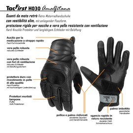 TacFirst AMALFITANA Motorcycle Gloves Leather H030, Breathable Retro Motorcycle Gloves, Vintage Hard Knuckle Protection (Limited 2023 - Wild Black, M)