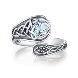 MOPOPOK Moonstone Celtic Knot Spoon Ring S925 Sterling Silver Celtic Knot Adjustable Thumb Ring for Women Vintage Irish Jewelry Gifts for Birthday Mother's Day, Sterling Silver, Moonstone
