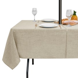 LUSHVIDA Outdoor Tablecloth with Umbrella Hole - Patio Table Cloth Zippered Rectangle 60x102 Inch, Faux Linen Table Cover Water Resistant for Picnic Outside, Natural Color