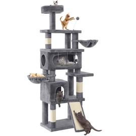 Homiflex 76in Tall Cat Tree for Indoor Cats, Cat Tree Tower with Scratching Posts, Cat Tower w/Hanging Balls, Multi-Level Condo Cozy Hammock, House, Large Flat Platforms, Grey