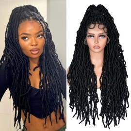 ANNISOUL Black Full Lace Faux Locs Braided Wig Curly Hair Hand-braided Synthetic Crochet Braids with Baby Hair 32Inch Full Double Lace Synthetic Curly Crochet Locs Twist Wigs for Black Women