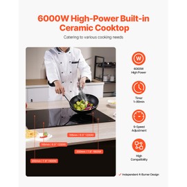 VEVOR LT4-77 Built in Electric Ceramic 23.2 x 20.5 inch Stove Top, 240V Glass Radiant Cooktop with Touch Control, Timer & Child Lock, 9 Power Levels for Simmer Steam Slow Cook Fry, 24IN 4-Burners
