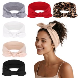 TuTive 6 Pack Elastic Bandana Headbands for Women Boho Style - Elastic Bow Head Bands for Women’s Hair Non Slip - Wide Headwraps with Bows Vintage, Cute Hairbands Hair Accessories