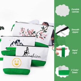 Sinzip 10 Pieces Cotton Canvas Makeup Bag with Bottom and Strap, Multi-Purpose Cosmetic Bag with Zipper Travel Toiletry Pouch, Blank DIY Craft Bag (White&Green, XS)