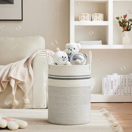 VIPOSCO Large Laundry Hamper, Tall Woven Rope Storage Basket for Blanket, Toys, Dirty Clothes in Living Room, Bathroom, Bedroom - 72L Stripe White