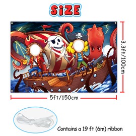 Pirate Backdrop 5 x 3.3 ft, Pirate Ship and Kraken Face Cutout Photo Props, Kraken Scallywags Photography Background, Pirate Birthday Party Decoration Kids Photo Booth Props