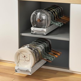 Fovkdcvw Pots and Pans Organizer Under Cabinet with Drain Board, Pull-out Expandable Pot Lid Organizer inside Cabinet Holder with 10 Adjustable Compartment, Rack for Cutting Board, White (Pack of 2)