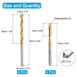 uxcell Tap and Drill Bit Set, 4pcs M4 x 0.7 Metric Spiral Point Thread Screw Taps & 4pcs 3.3mm Twist Drill Bits, Titanium Coated HSS-6542 Tapping Threading Tool Kit