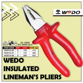 WEDO 6-Inch Insulated Linesman Pliers,VDE 1000V Side Cutters, Combination Pliers,Chrome Vanadium Steel Side Cutting Pliers,Jaw Hardness HRC58-63,Dipping Handle,Length 150mm