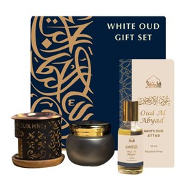 Dukhni White Oud Gift Box | 40g Ma’amoul Al Abyad Bakhoor, 30ml Oud Al Abyad Attar, Classic Bakhoor Burner | Luxurious Arabian Fragrance for Ramadan & Gifting